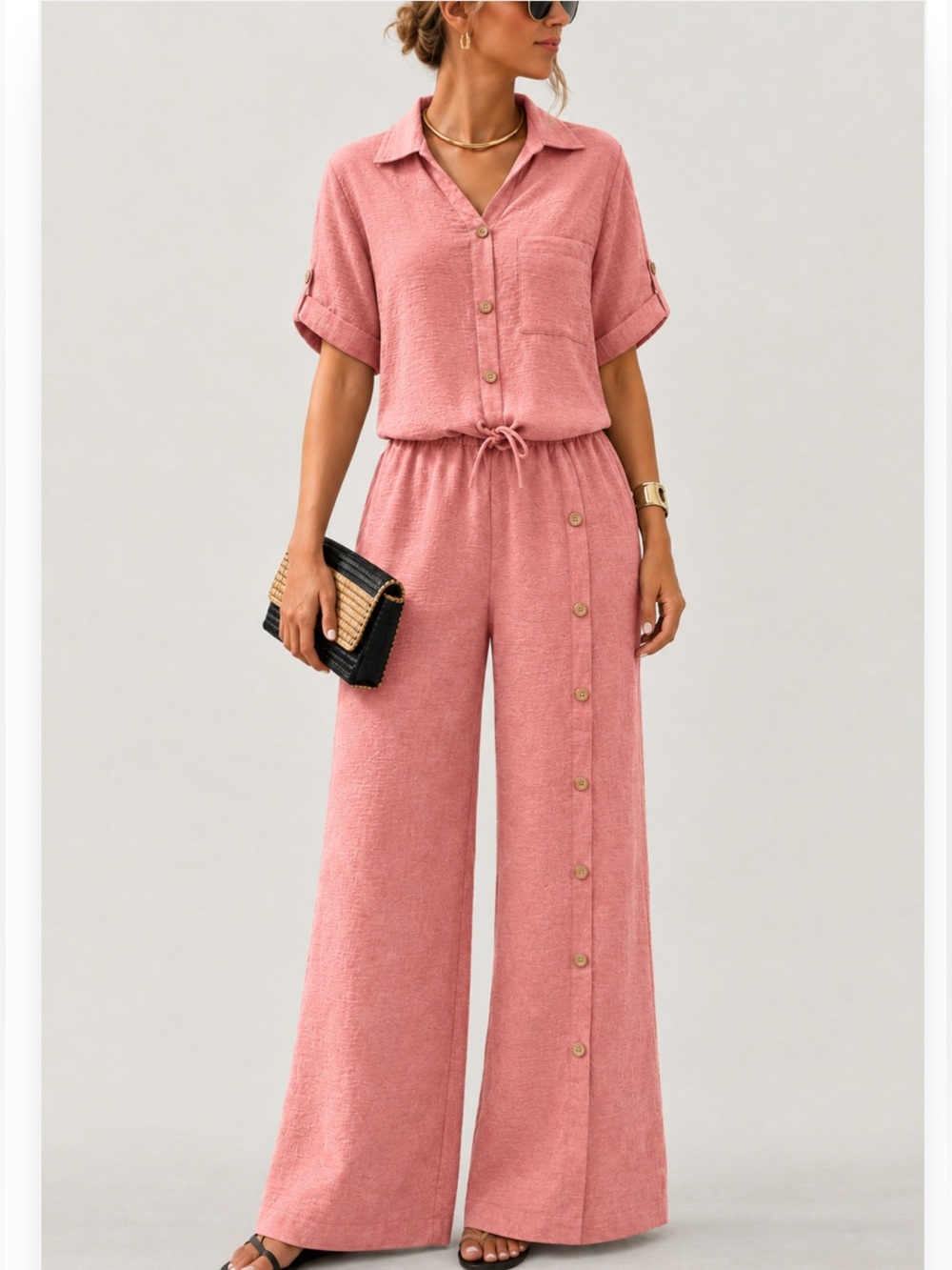 Resortwear Wide-Leg Button-Front Pants & Button-Down Tie Top - NWOT- Size XL